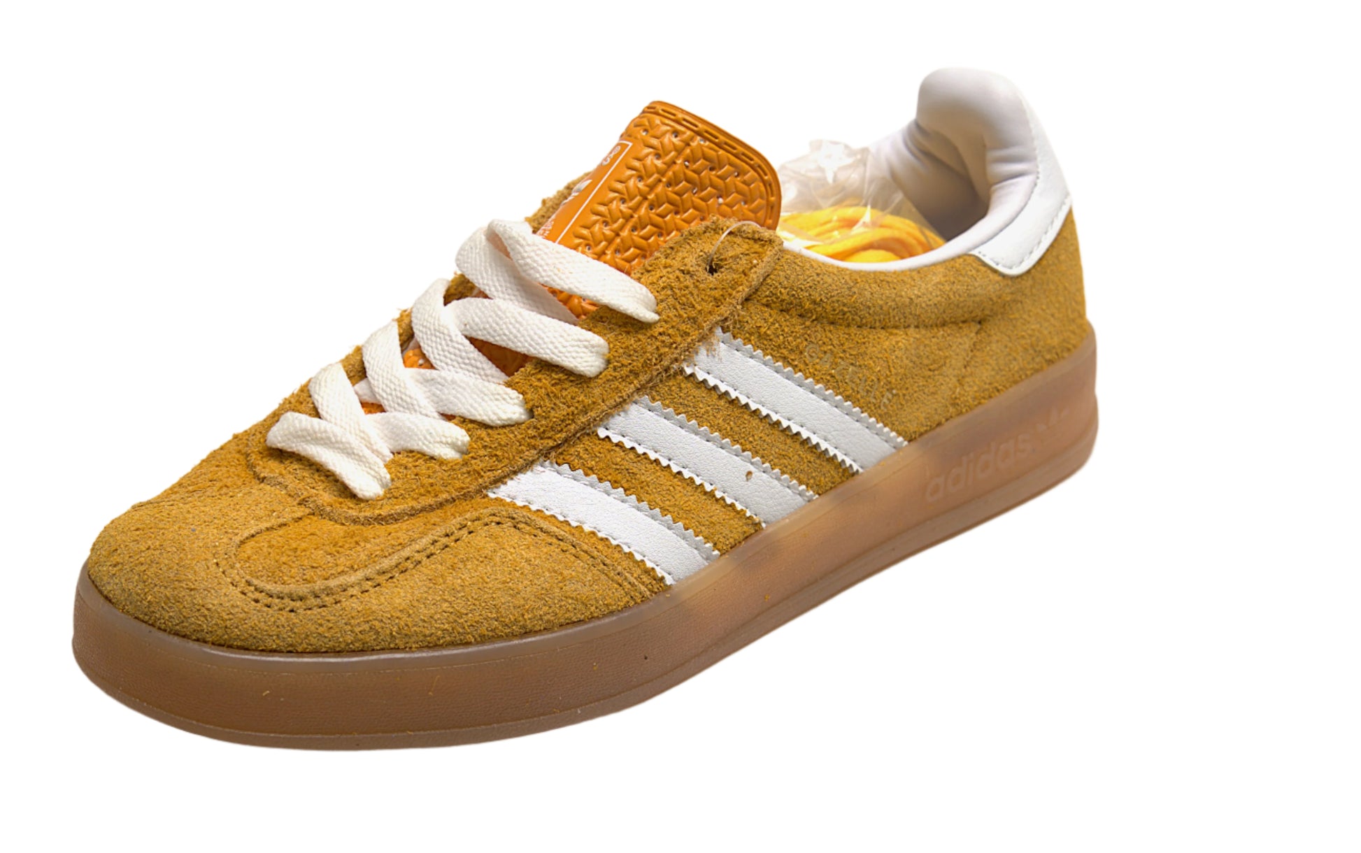 Adidas gazelle mustard on white background from Wasabi website